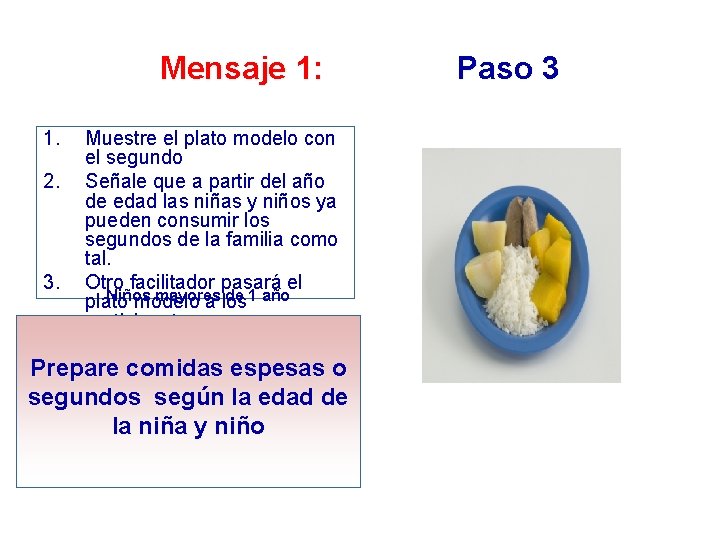 Mensaje 1: 1. 2. 3. Muestre el plato modelo con el segundo Señale que