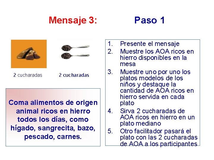 Mensaje 3: Paso 1 1. 2. 2 cucharadas Coma alimentos de origen animal ricos