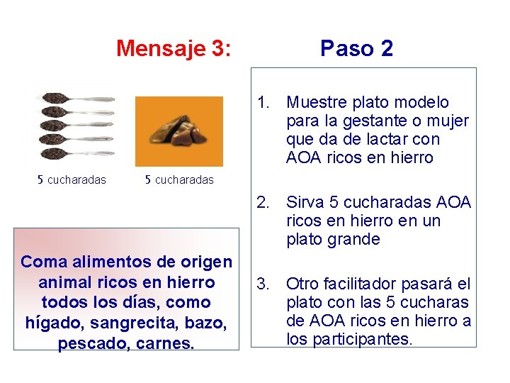 Mensaje 3: Paso 2 1. Muestre plato modelo para la gestante o mujer que