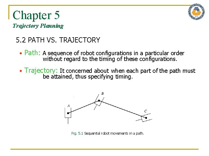 Chapter 5 Trajectory Planning 5. 2 PATH VS. TRAJECTORY Path: A sequence of robot