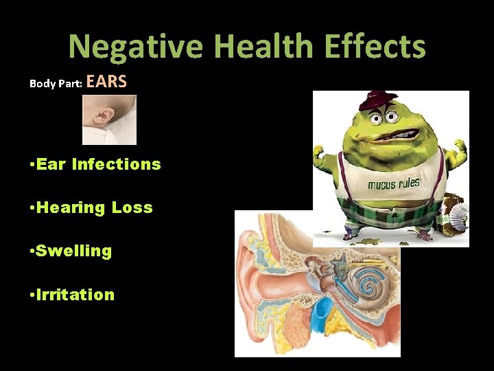 Negative Health Effects Body Part: EARS • Ear Infections • Hearing Loss • Swelling