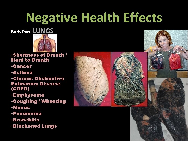 Negative Health Effects Body Part: LUNGS • Shortness of Breath / Hard to Breath