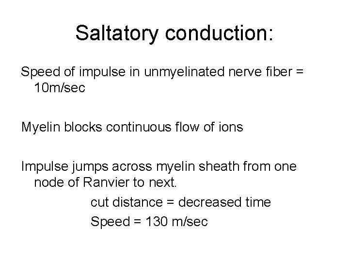 Saltatory conduction: Speed of impulse in unmyelinated nerve fiber = 10 m/sec Myelin blocks