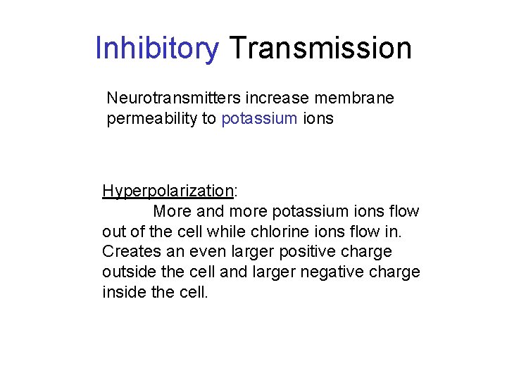 Inhibitory Transmission Neurotransmitters increase membrane permeability to potassium ions Hyperpolarization: More and more potassium