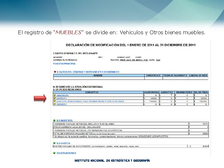 El registro de “MUEBLES” se divide en: Vehículos y Otros bienes muebles. 