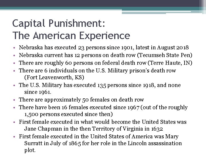 Capital Punishment: The American Experience • • • Nebraska has executed 23 persons since