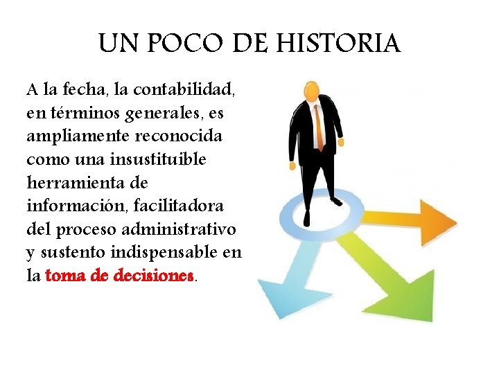 UN POCO DE HISTORIA A la fecha, la contabilidad, en términos generales, es ampliamente