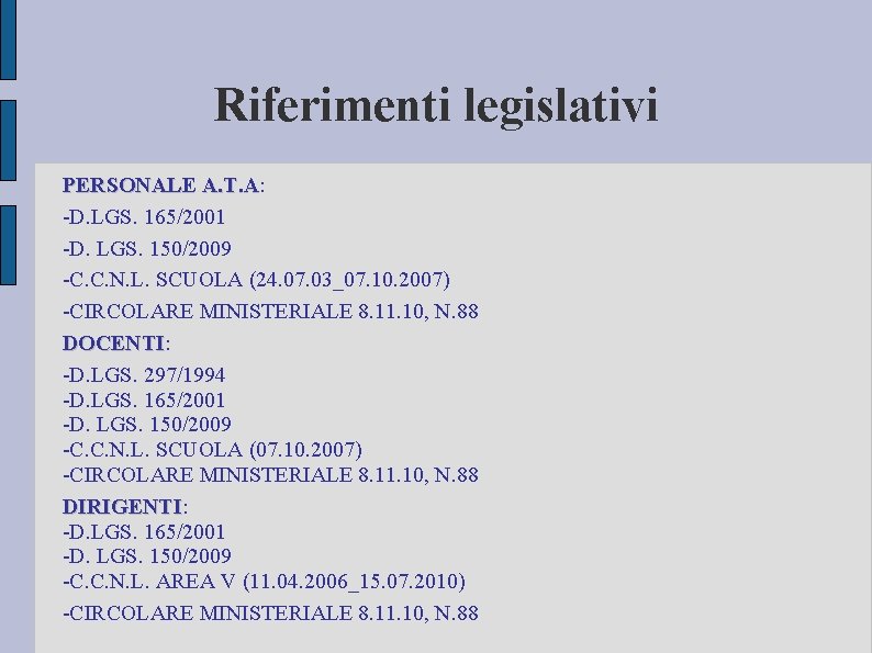 Riferimenti legislativi PERSONALE A. T. A: A. T. A -D. LGS. 165/2001 -D. LGS.