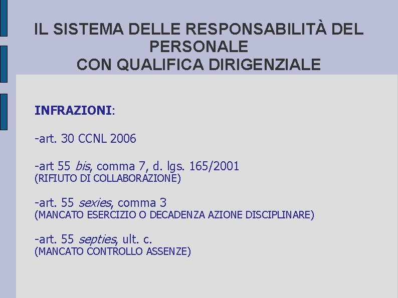 IL SISTEMA DELLE RESPONSABILITÀ DEL PERSONALE CON QUALIFICA DIRIGENZIALE INFRAZIONI: -art. 30 CCNL 2006