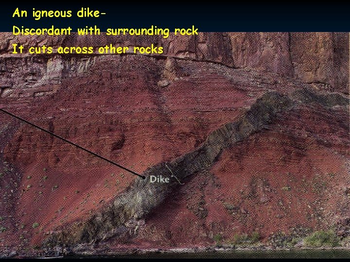 An igneous dike. Discordant with surrounding rock It cuts across other rocks 