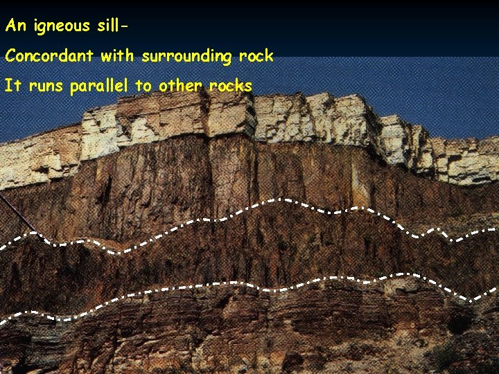 An igneous sill. Concordant with surrounding rock It runs parallel to other rocks 