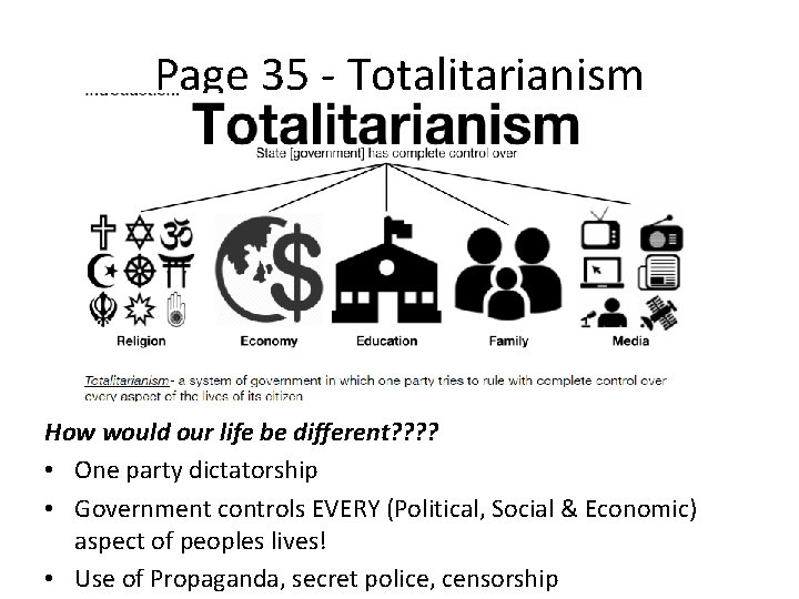 Page 35 - Totalitarianism How would our life be different? ? • One party