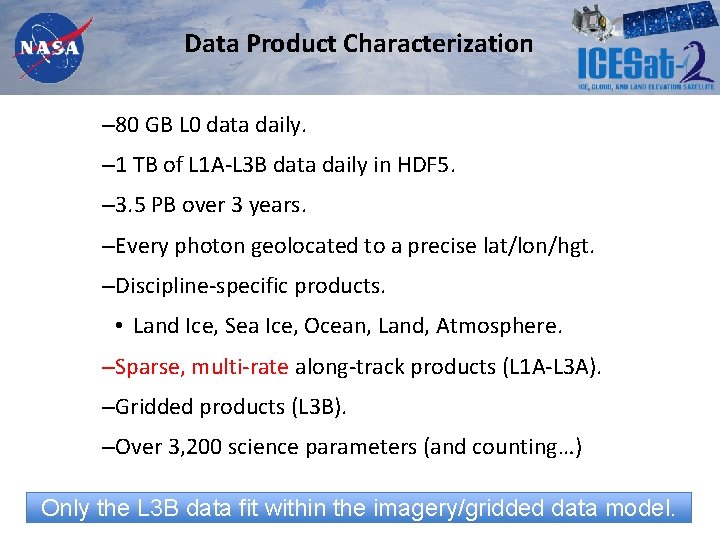 Data Product Characterization – 80 GB L 0 data daily. – 1 TB of