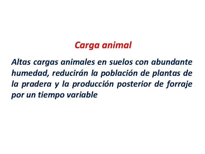 Carga animal Altas cargas animales en suelos con abundante humedad, reducirán la población de