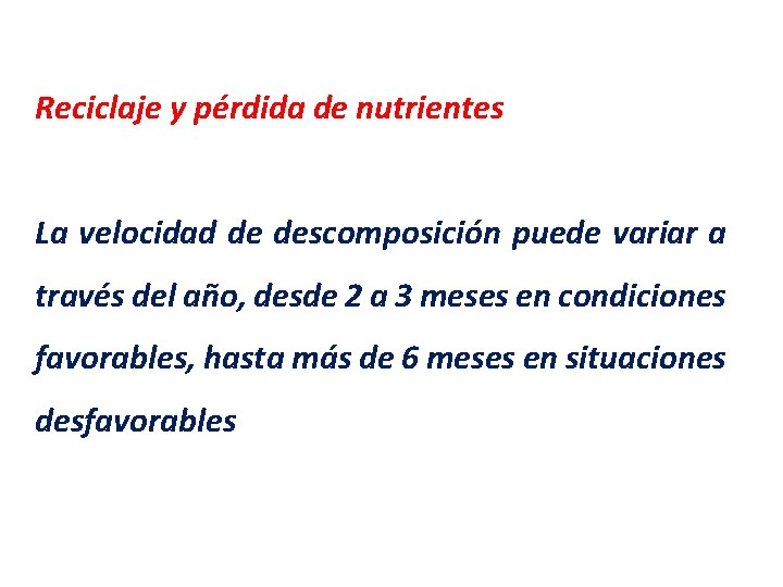 Reciclaje y pérdida de nutrientes La velocidad de descomposición puede variar a través del