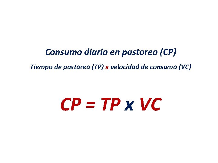 Consumo diario en pastoreo (CP) Tiempo de pastoreo (TP) x velocidad de consumo (VC)