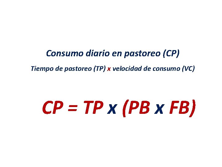 Consumo diario en pastoreo (CP) Tiempo de pastoreo (TP) x velocidad de consumo (VC)