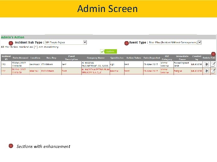 Admin Screen Sections with enhancement 9 