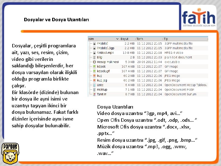 Dosyalar ve Dosya Uzantıları Dosyalar, çeşitli programlara ait, yazı, ses, resim, çizim, video gibi