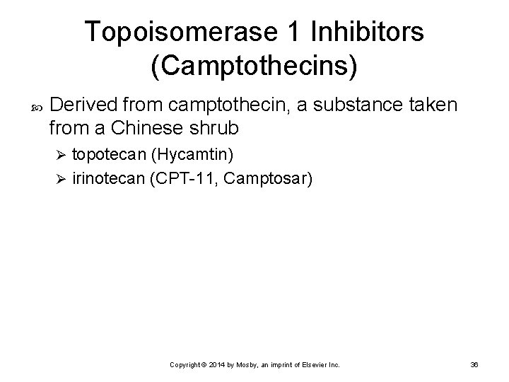 Topoisomerase 1 Inhibitors (Camptothecins) Derived from camptothecin, a substance taken from a Chinese shrub