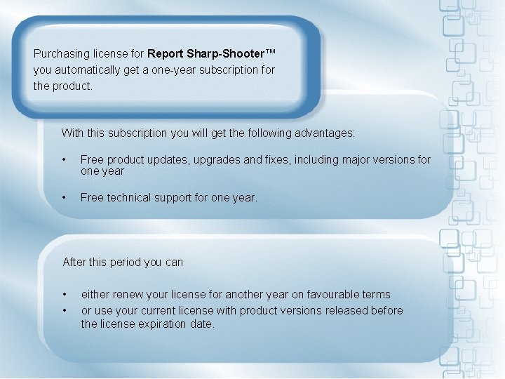 Purchasing license for Report Sharp-Shooter™ you automatically get a one-year subscription for the product.