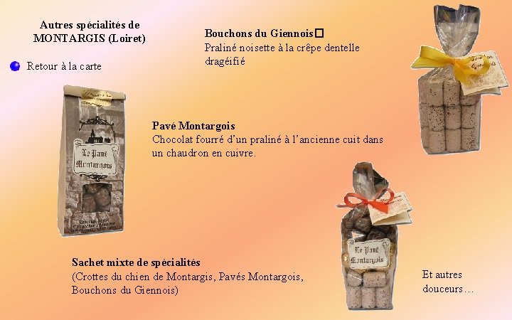 Autres spécialités de MONTARGIS (Loiret) Retour à la carte Bouchons du Giennois� Praliné noisette