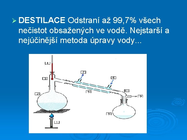 Ø DESTILACE Odstraní až 99, 7% všech nečistot obsažených ve vodě. Nejstarší a nejúčinější