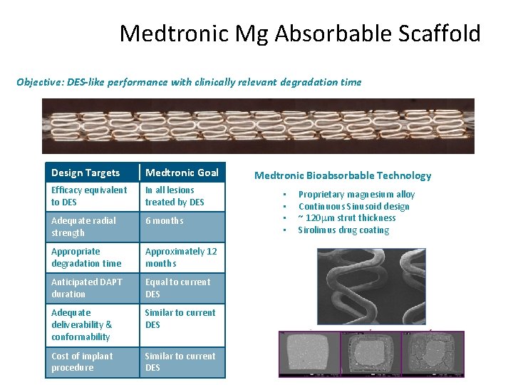 Medtronic Mg Absorbable Scaffold Objective: DES-like performance with clinically relevant degradation time Design Targets