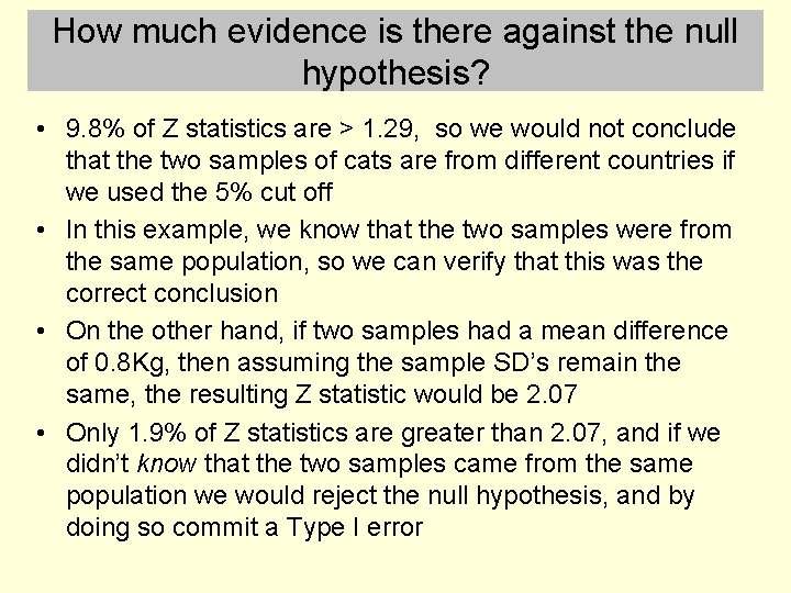 How much evidence is there against the null hypothesis? • 9. 8% of Z