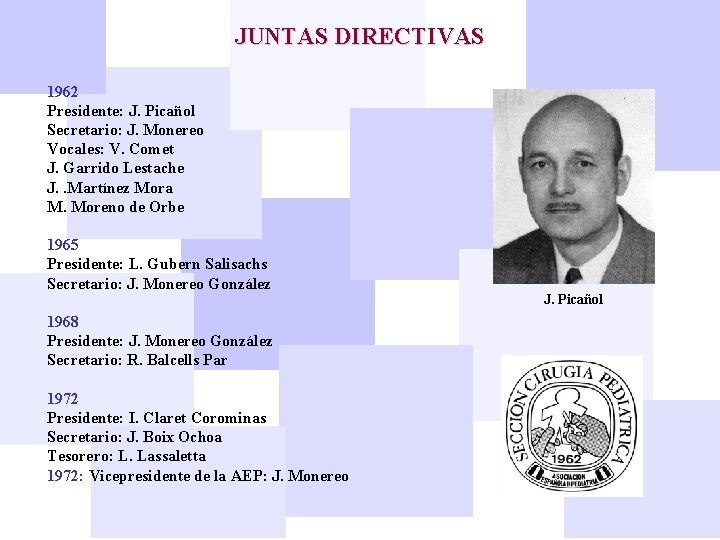 JUNTAS DIRECTIVAS 1962 Presidente: J. Picañol Secretario: J. Monereo Vocales: V. Comet J. Garrido