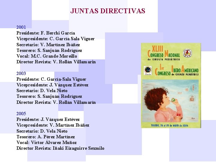 JUNTAS DIRECTIVAS 2001 Presidente: F. Berchi García Vicepresidente: C. García Sala Viguer Secretario: V.