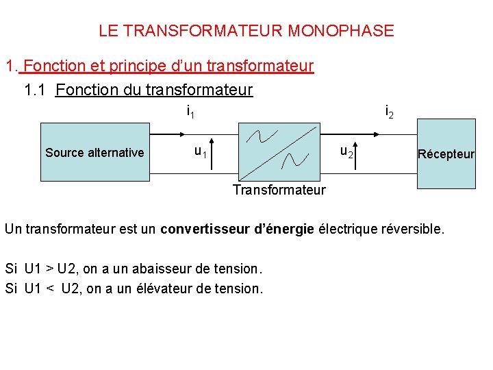 LE TRANSFORMATEUR MONOPHASE 1. Fonction et principe d’un transformateur 1. 1 Fonction du transformateur LE TRANSFORMATEUR MONOPHASE 1. Fonction et principe d’un transformateur 1. 1 Fonction du transformateur