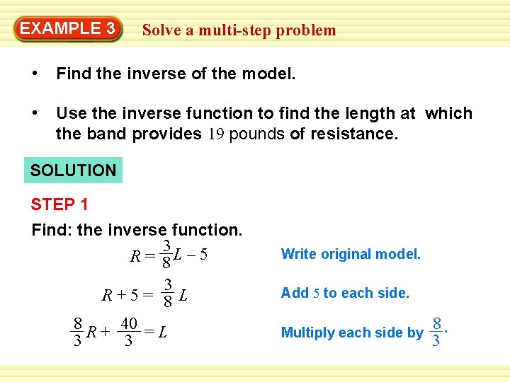 EXAMPLE 3 Solve a multi-step problem • Find the inverse of the model. •
