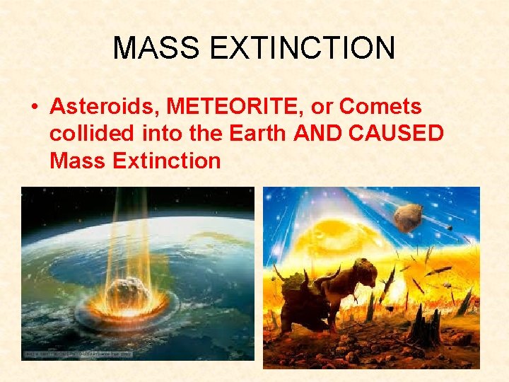 MASS EXTINCTION • Asteroids, METEORITE, or Comets collided into the Earth AND CAUSED Mass