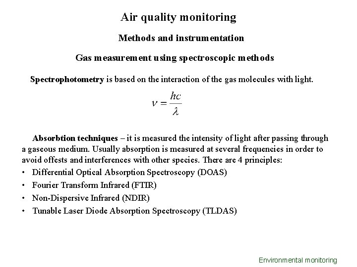 Air quality monitoring Methods and instrumentation Gas measurement using spectroscopic methods Spectrophotometry is based Air quality monitoring Methods and instrumentation Gas measurement using spectroscopic methods Spectrophotometry is based