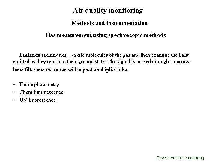 Air quality monitoring Methods and instrumentation Gas measurement using spectroscopic methods Emission techniques –