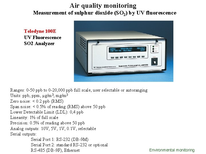 Air quality monitoring Measurement of sulphur dioxide (SO 2) by UV fluorescence Teledyne 100