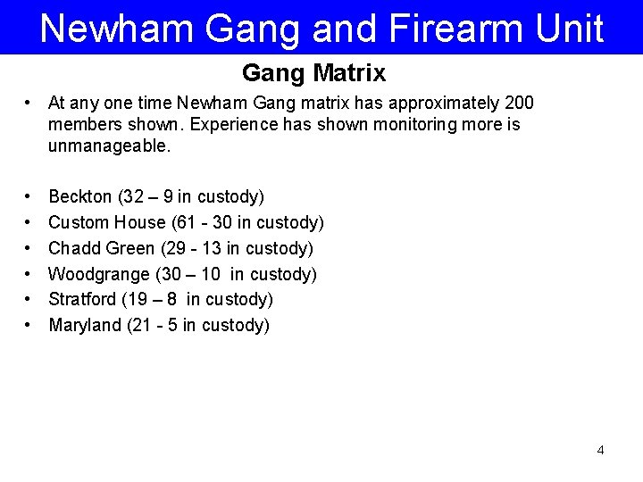 Newham Gang and Firearm Unit Gang Matrix • At any one time Newham Gang