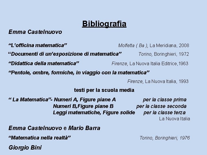 Bibliografia Emma Castelnuovo “L’officina matematica” Molfetta ( Ba ), La Meridiana, 2008 “Documenti di