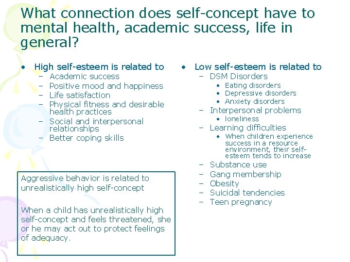 What connection does self-concept have to mental health, academic success, life in general? •