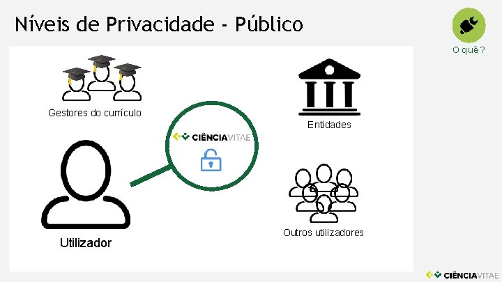 Níveis de Privacidade - Público O quê ? Gestores do currículo Entidades Utilizador Outros