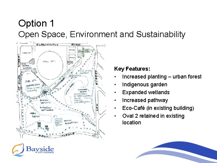 Option 1 Open Space, Environment and Sustainability Key Features: • Increased planting – urban