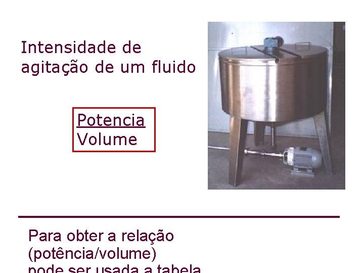 Intensidade de agitação de um fluido Potencia Volume Para obter a relação (potência/volume) 