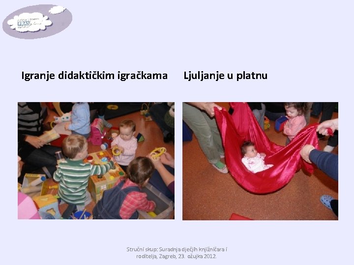 Igranje didaktičkim igračkama Ljuljanje u platnu Stručni skup: Suradnja dječjih knjižničara i roditelja, Zagreb,