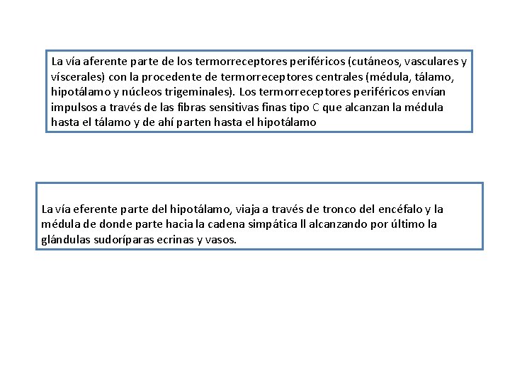 La vía aferente parte de los termorreceptores periféricos (cutáneos, vasculares y víscerales) con la