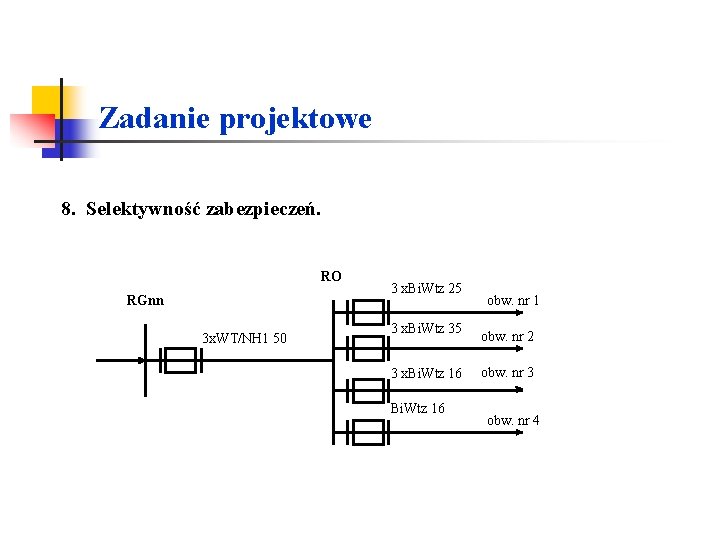 Zadanie projektowe 8. Selektywność zabezpieczeń. RO RGnn 3 x. WT/NH 1 50 3 x. Zadanie projektowe 8. Selektywność zabezpieczeń. RO RGnn 3 x. WT/NH 1 50 3 x.