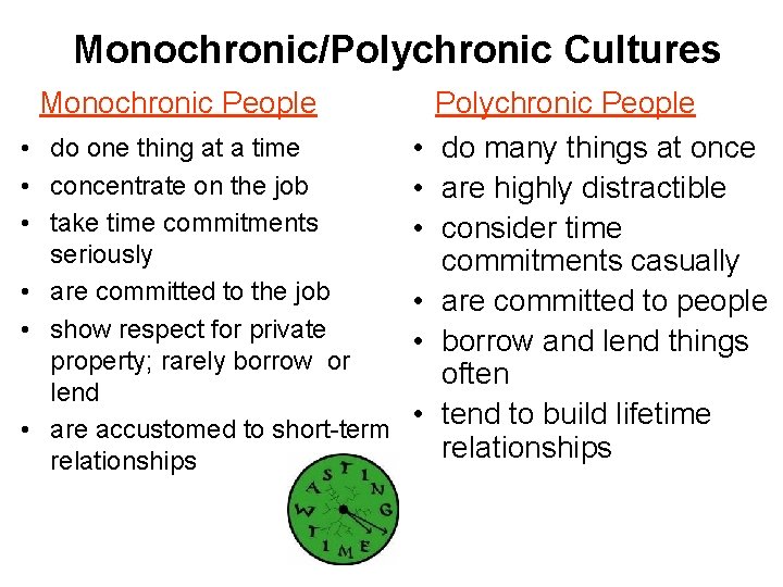 Monochronic/Polychronic Cultures Monochronic People • do one thing at a time • concentrate on