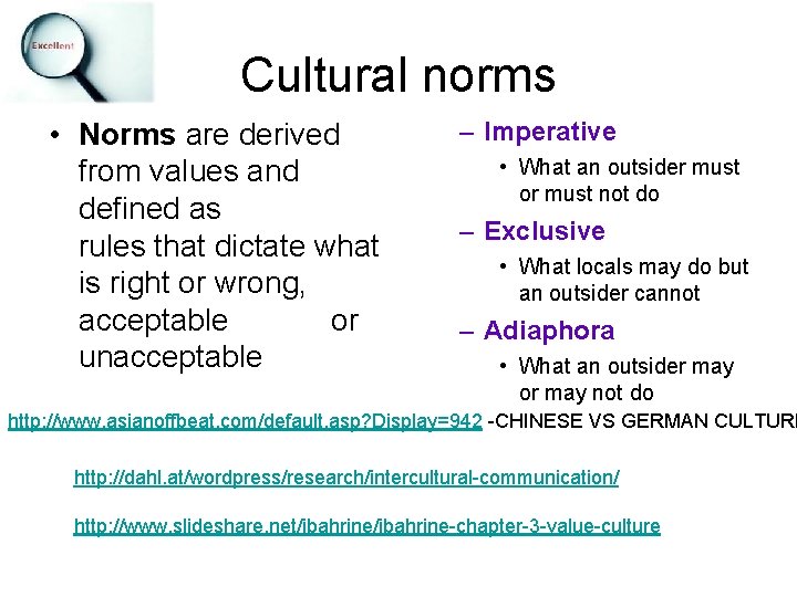 Cultural norms • Norms are derived from values and defined as rules that dictate