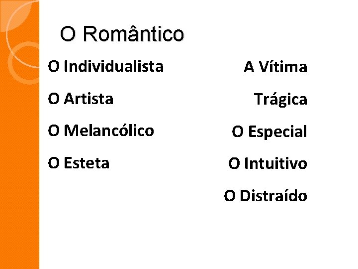 O Romântico O Individualista O Artista A Vítima Trágica O Melancólico O Especial O O Romântico O Individualista O Artista A Vítima Trágica O Melancólico O Especial O