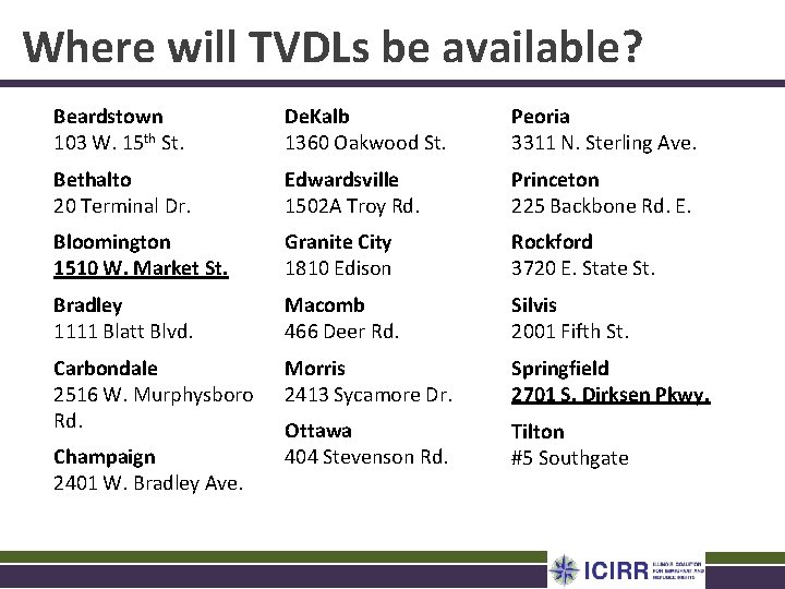 Where will TVDLs be available? Beardstown 103 W. 15 th St. De. Kalb 1360